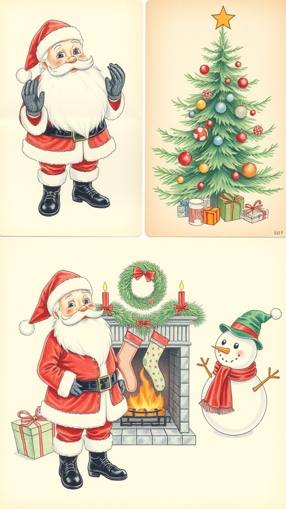 A set of vintage Christmas drawings including Santa, a Christmas tree, a fireplace, and a snowman.